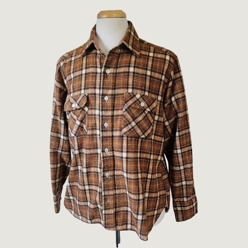 Vtg 70s Arrow Brown Plaid Flannel Shirt L Wool Blend Button Long Sleeve Large